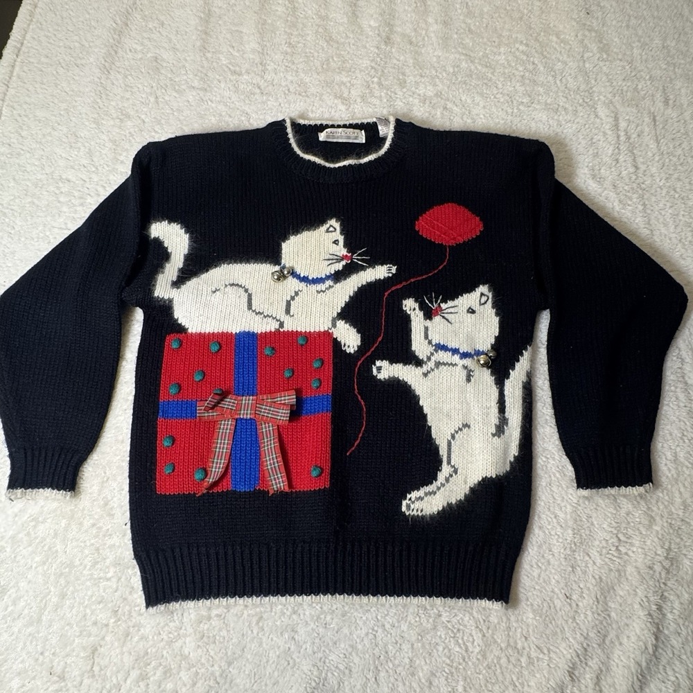 Vintage Karen Scott Women's L Black Christmas Cat Sweater 3D Bells Gift